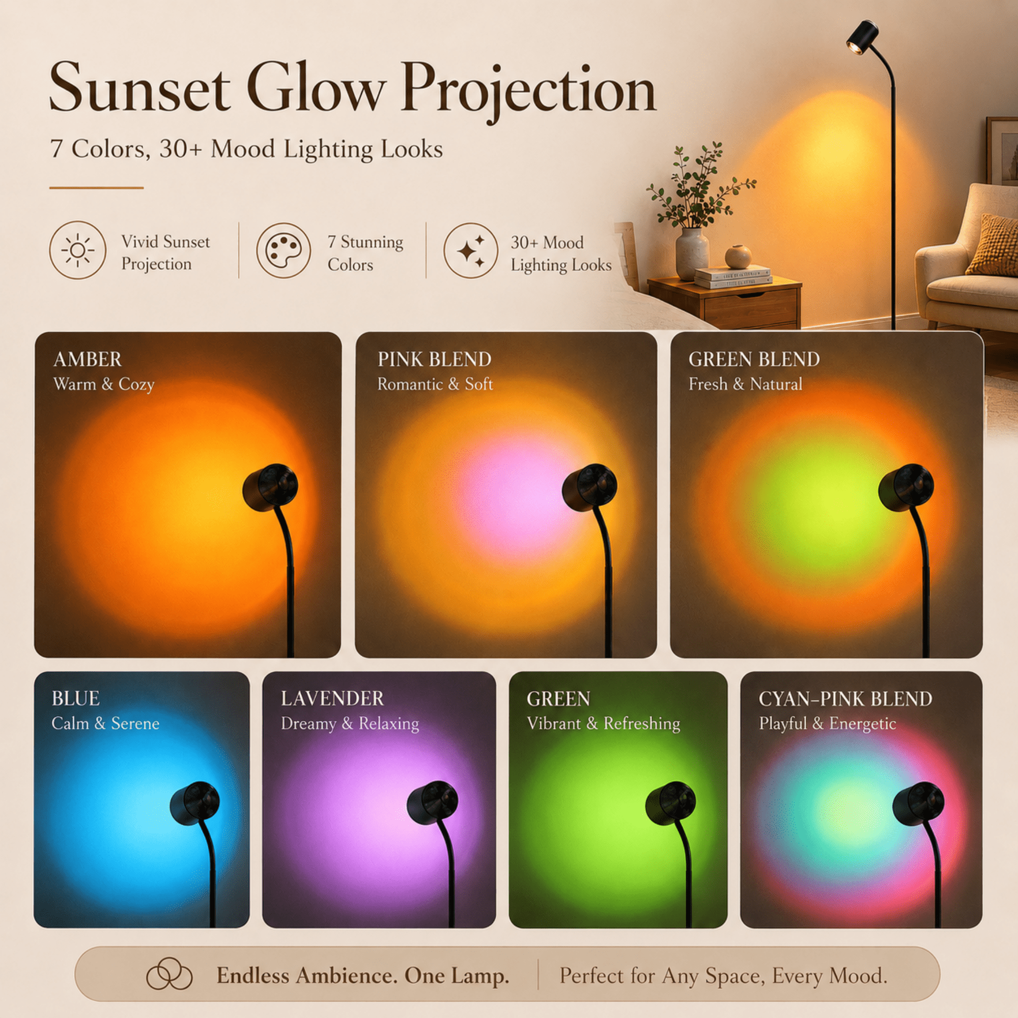 MEHOOM Sunset Standing Floor Lamp Projection with Ocean Wave, 360° Rotation Floor Lamps for Bedroom, Photography Selfie Party Home Living Room Bedroom Decor, Gifts Idea for Girls Women(127Colors)