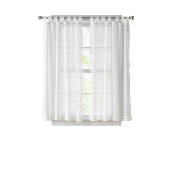 Mainstays Woven Stripe Sheer Tab Top Curtain, Single Panel, White, 50" W x 63" L
