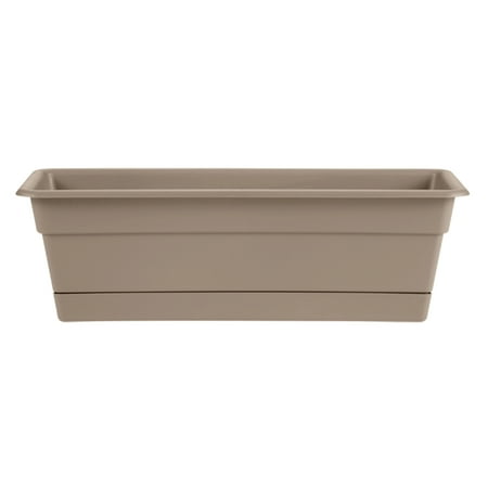 Bloem Dura Cotta Window Box Planter W/Tray 30 x 5.75 Plastic Rectangle Pebble Stone Beige DURA COTTA COLLECTION by Bloem: The Bloem Dura Cotta Rectangular Window Box Planter provides your plants with a healthy environment. Made with plastic  its construction enables long lasting utility. You can use this widow box in your garden to plant herbs  tomatoes  onions or peppers. The Dura Cotta Rectangular Window Box Planter by Bloem is rectangular in shape and allows excessive water to drain. Includes attached drainage tray. It is from the Dura Cotta collection and keeps your plants fresh. This window box is designed for maximum usage and is perfect for outdoor spaces. Color Beige/Khaki Shape Rectangle Material Plastic Resin. High-Density Polyethylene (HDPE) #2 & Polypropylene (PP) #5.
