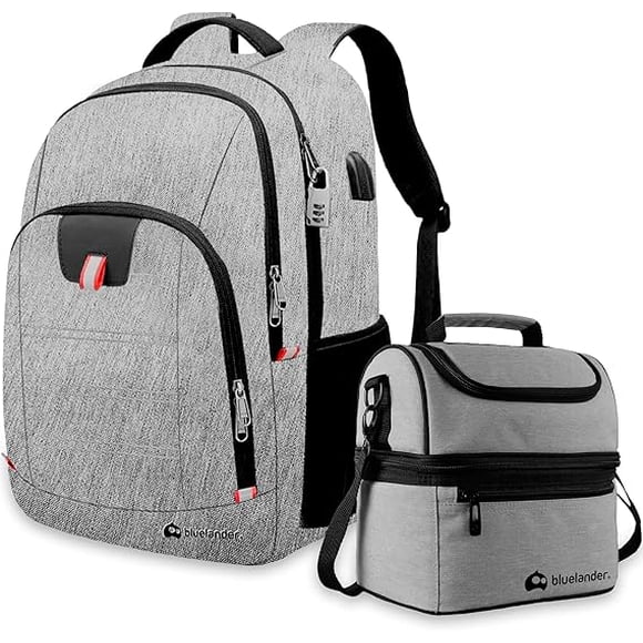 Mochila Antirrobo con Candado y Puerto USB con Lonchera Portátil de Dos Pisos con Aislamiento Térmico Bluelander, Gris