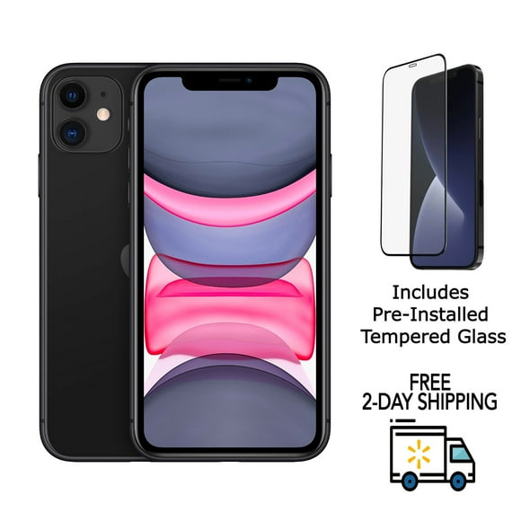 Refurbished Apple iPhone 11 A2111 (Fully Unlocked) 128GB Black (Grade A) w/ Pre-Installed Tempered Glass