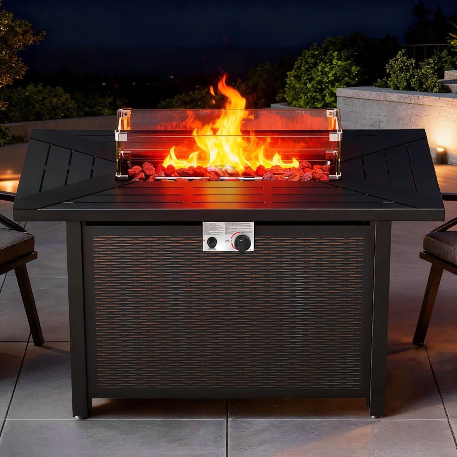 Giantfurnni 43" Propane Fire Pit Table with Lid, Outdoor Metal 50,000 BTUs Rectangle Gas Fire Pit Table with Glass Wind Guard and Lava Rocks for Balcony Porch Deck