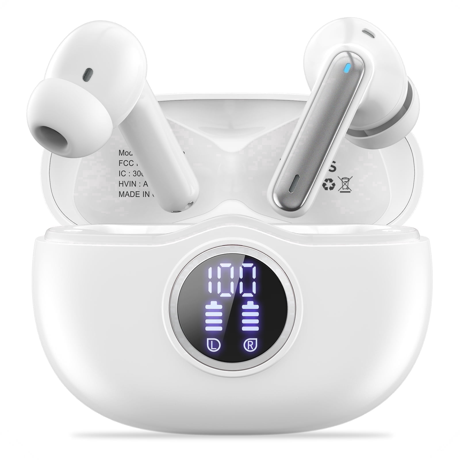 A10 Pro Wireless Earbuds, Bluetooth 5.3 Headphones HiFi Stereo 50H Playtime LED Display Ear Buds with ENC Noise Canceling, IPX7 Waterproof Earphones for Gym/Running/Work (White)
