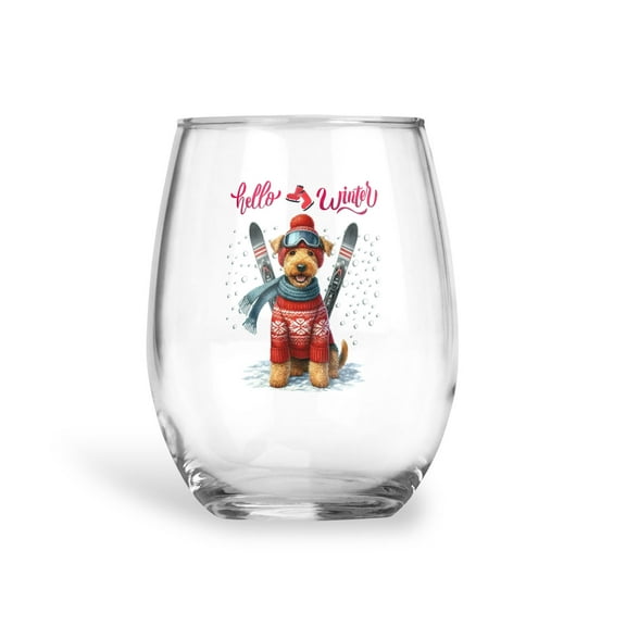 Hello Welcome Winter The Ski Airedale Terrier Snowy Day 15oz Stemless Wine Glass Mug Dale Waterside Dog Lover Wine Glasses Cup - 13013