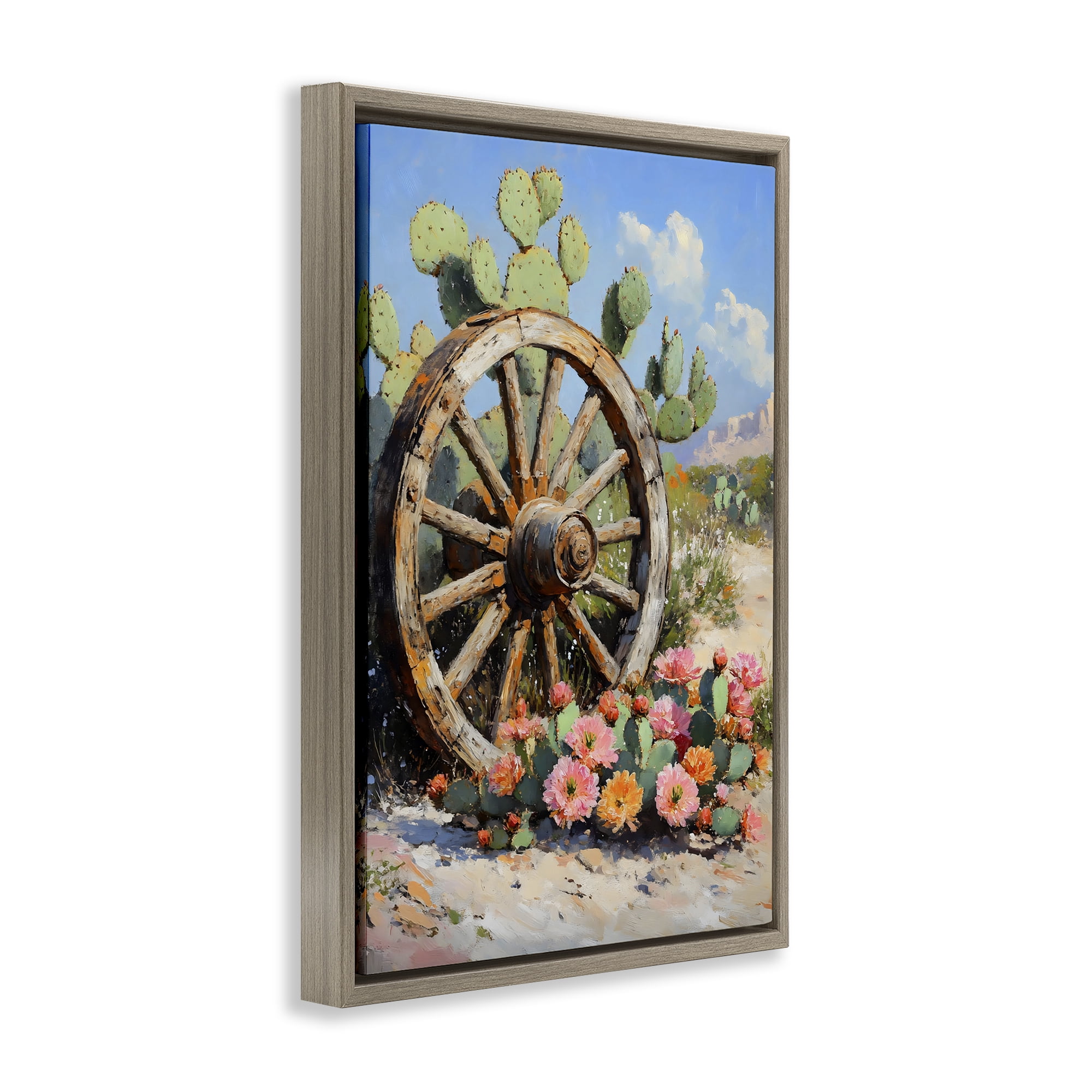 Stupell Industries Wagon Wheel Among Cactus Brown Framed Floater Canvas Wall Art, design by Franklyn Gregory
