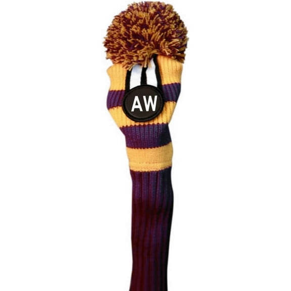 Majek Attack or Approach Wedge (AW) Hybrid Rescue Utility Purple & Yellow Golf Headcover Knit Pom Pom Retro Classic Vintage Head Cover