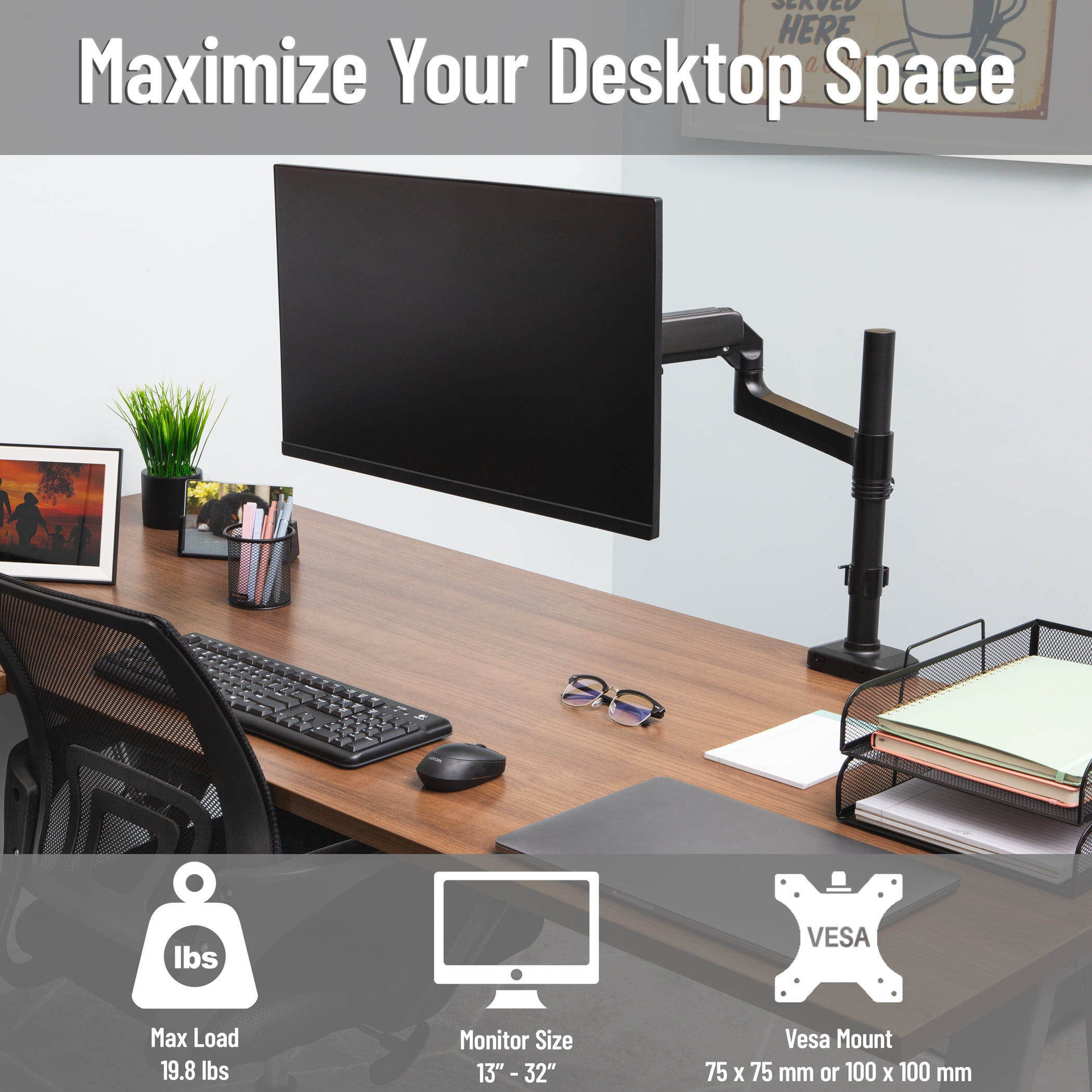 Mind Reader Single Monitor Arm for 13–32 Inch Screens, Gas Spring VESA Desk Mount, 180° Rotation, ±180° Swivel, ±65° Tilt, Holds up to 19.8 lbs, Black