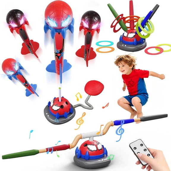 WonderStone 3-in-1 Spider-Themed Rocket Launcher Toy with 4 Foam Rockets, Musical Jump Toy with Remote Control & Ring Toss Game, Indoor Outdoor Sports Toy for Boys and Girls Ages 3-10
