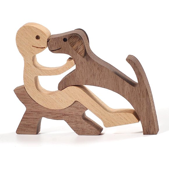 Handmade Wooden Statue, Puppy Wood Carving Ornaments, Heart Warming Gift for Dog Lovers, Craft Figure, Wood, Small Decorations for Home, Office, Living Room (A - Men/Dog)