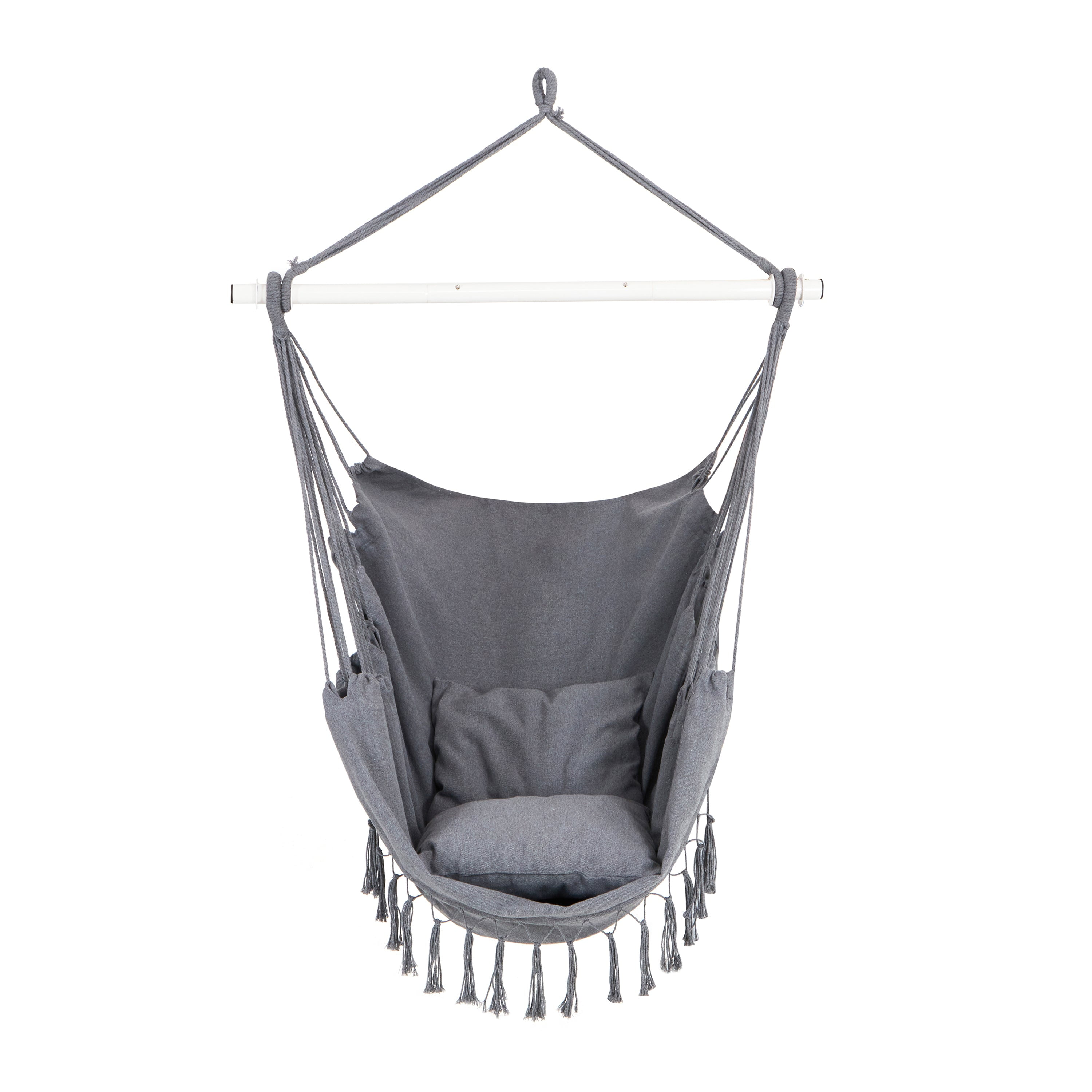 Bliss Hammocks Fringed Hammock Chair w/ 2 Matching Square Pillows & Built-In Side Pocket -Gray