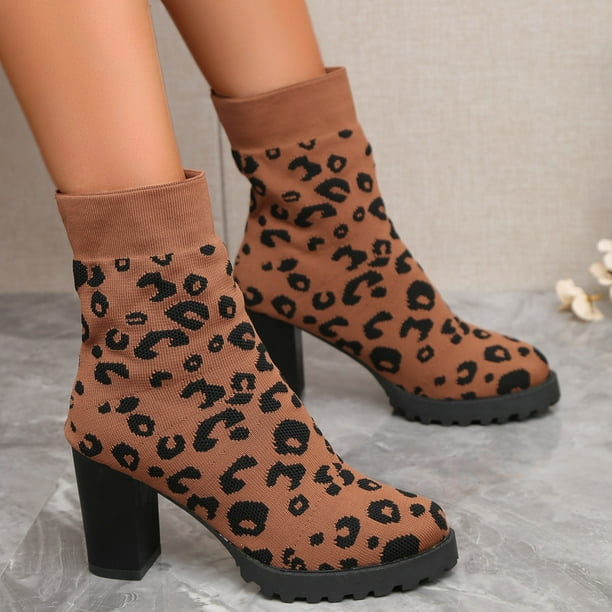 YOUSNH Ladies Fashion Retro Leopard Print Breathable Knitted Thick High Heel Ankle Boots Shoes Woman 2024 Trend Brown 7 Walmart