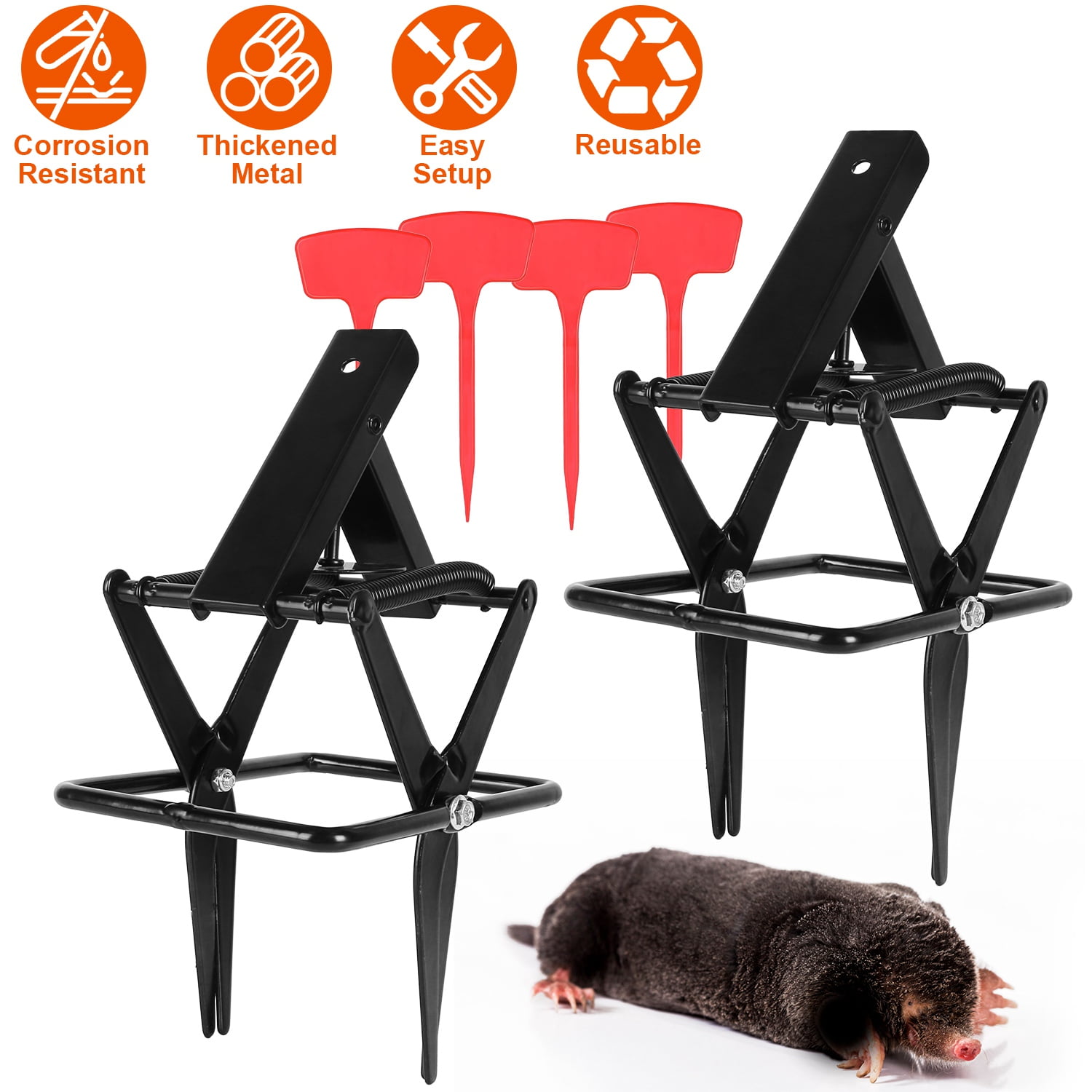 2 Pack Mole Traps Thickened Metal Mole Scissor Trap Reusable Mole Trap Mole Control Easy Set Ground Mole Trap for Lawns (Black）
