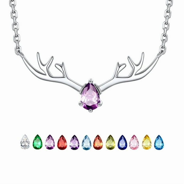 Collar de plata para mujer Silvora Collares con colgante único de cuerno de ciervo Cristal sintético Piedra natalicio Regalos de Navidad para mamá, hija, esposa