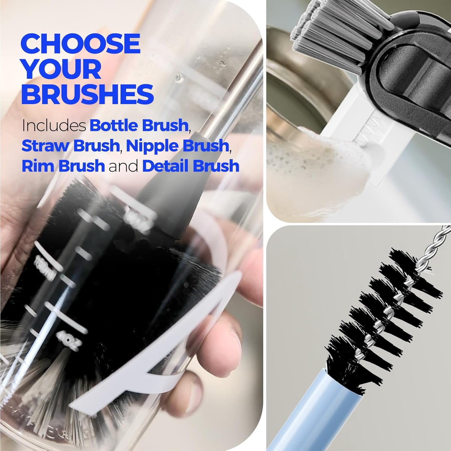 6 Pack Bottle Brush Set, 14" Long Handle Stainless Steel Bottle Cleaner Brush, 3 Straw Brushes, 3-in-1 Bottle Cleaning Brush for Water Bottle, Antistatic Lab Brushes, Straws Black