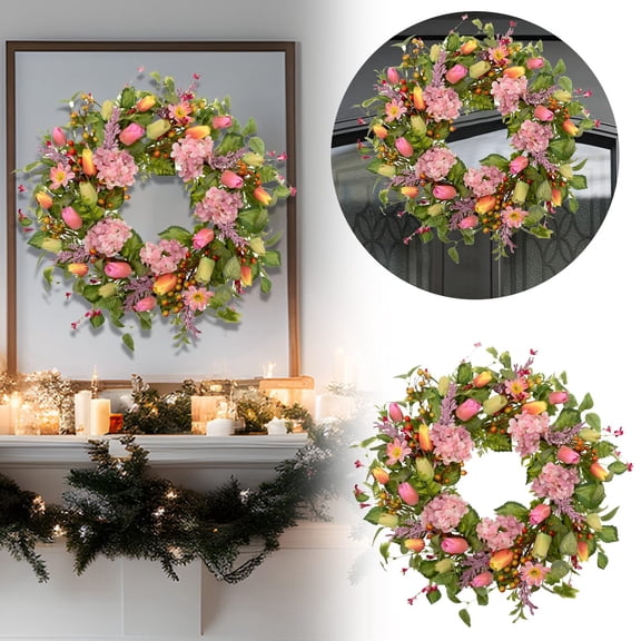 18" Floral Wreath for Front Door – Pink Tulip, Lavender & Eucalyptus Wreath with Tassels, Farmhouse Home Decor for Spring, Summer, Wedding, Party & Holiday