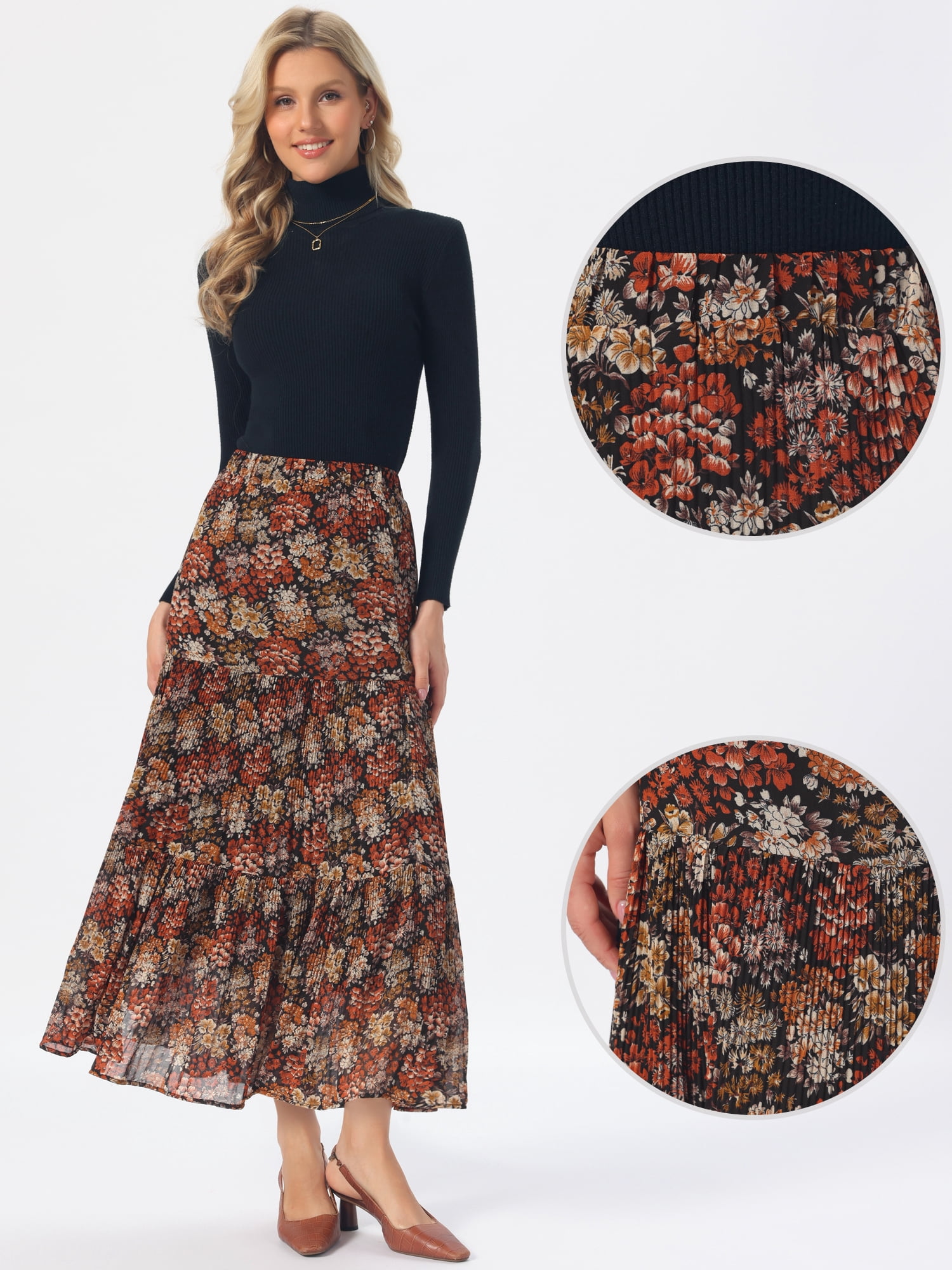 DARING DIVA Women's Chiffon Floral High Waist Pleated Maxi Skirt XS Black