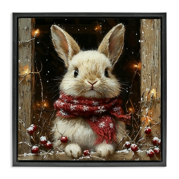 Stupell Industries Bunny with Snowy Holly Berries Animals Painting Black Floater Framed Canvas Art Print Wall Art, 18 x 18