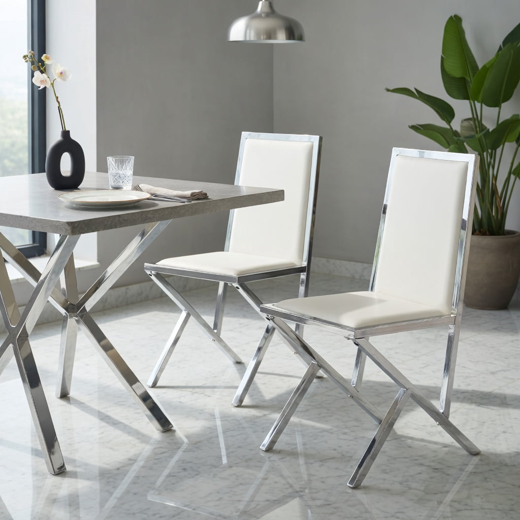 Hommoo 2-Pack Modern PU Leather Dining Chairs with Metal Frame, Ergonomic Design, Easy Assembly & Anti-Slip Adjustable Feet, White & Sliver