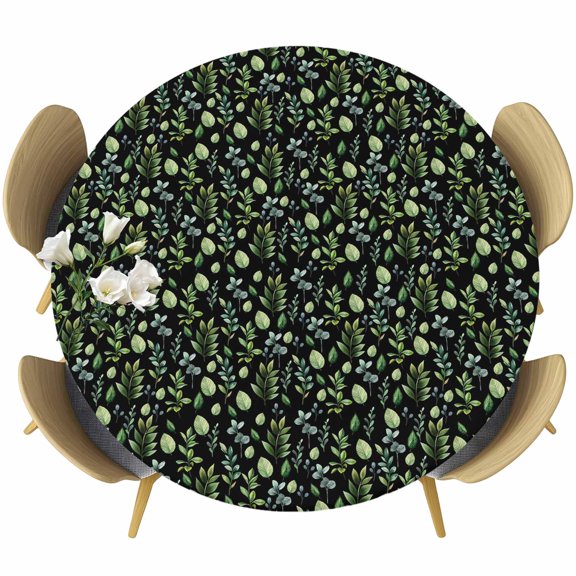 Dark Green Leaves Round Tablecloth, Fitted Table Cover with Elastic for 55"-60" Round Tables, Pastoral Farmhouse Botanical Plant Table Cloth Outdoor Indoor Dinning Party Waterproof Tablecloths