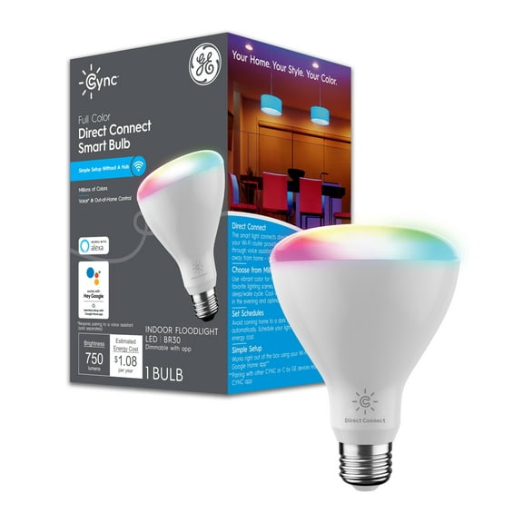 GE Cync BR30 Smart LED Light Bulb, Color Changing Indoor Decor Lights, 65 Watts, Medium Base, 1pk