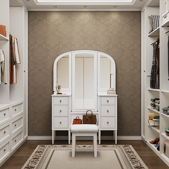 Vanity Desk Antique Makeup with Triple Mirror, 6-Drawer Dressing Table Set Including Stool, Full Length Mirror for Bedroom Dressing Room, White