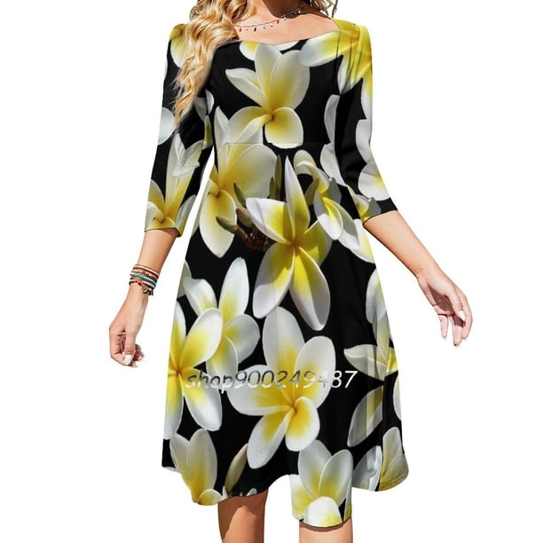 Vestido elegante y dulce con estampado de plumeria en amarillo sobre negro para mujer, estilo coreano kawaii, con cuello cuadrado y flores tropicales, estilo Aloha Plumeria
