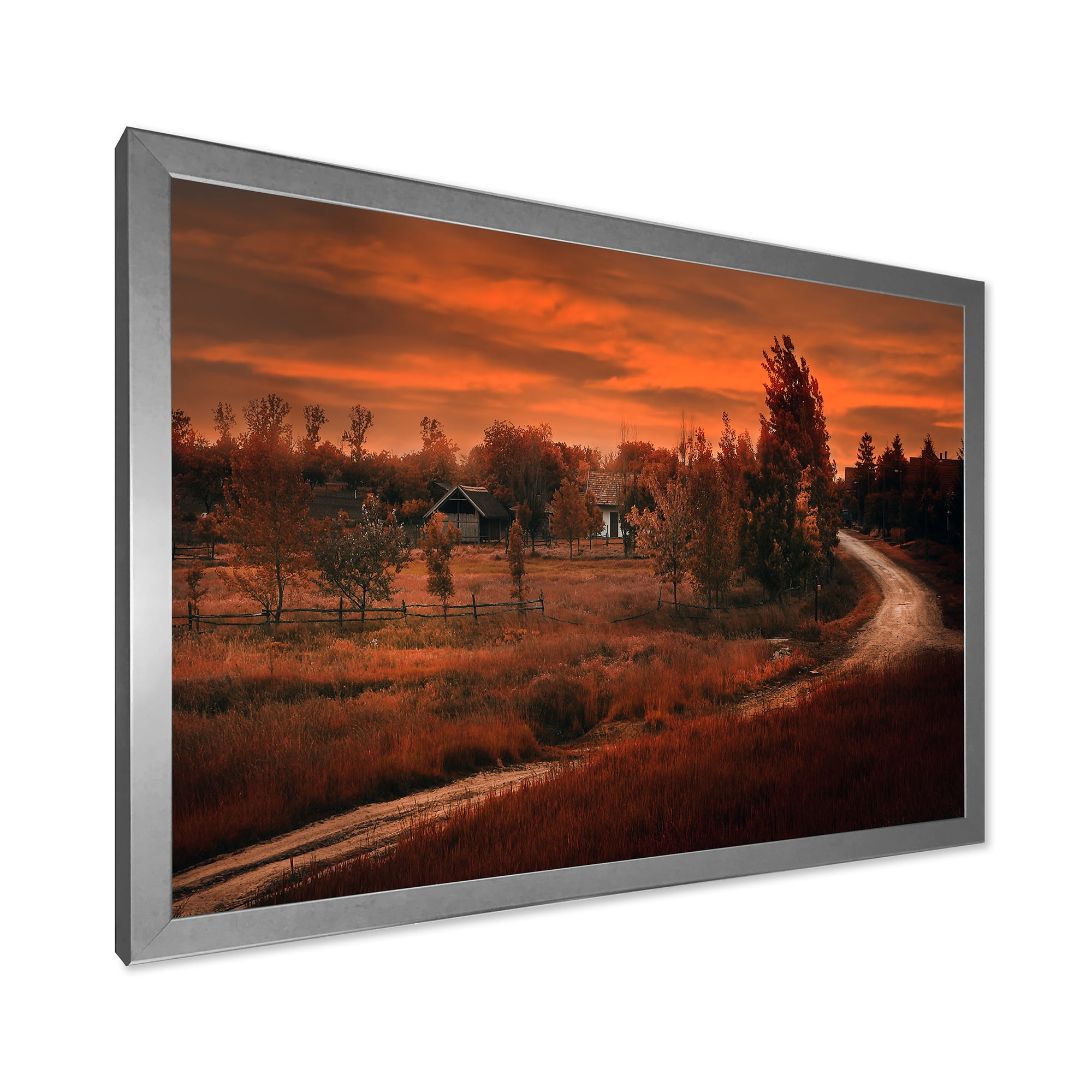 Designart 'The Road By The Farm In Dark Pink Sunset' Farmhouse Framed Art Print