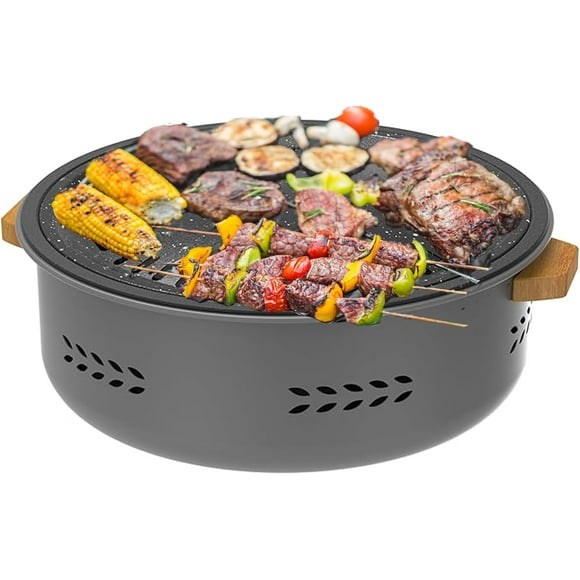SHIQI-Portable Charcoal BBQ Grill \u2013 Round Tabletop Korean & Japanese Style Hibachi Grill for Indoor & Outdoor Cooking, Compact & Lightweight with Airflow Ventilation & Wooden Handles (Black)