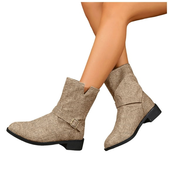 Denim Wide Calf Ankle Boots for Women V Cut Buckle Strap Low Heel Round Toe Mid Calf Fall Boots