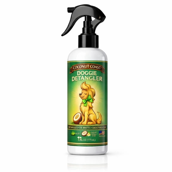 Coconut Coast Doggie Detangler De-Matting and Smoothing Non-Greasy Leave-In Conditioner for Dogs, Light Coconut Scent, 6 oz Bottle