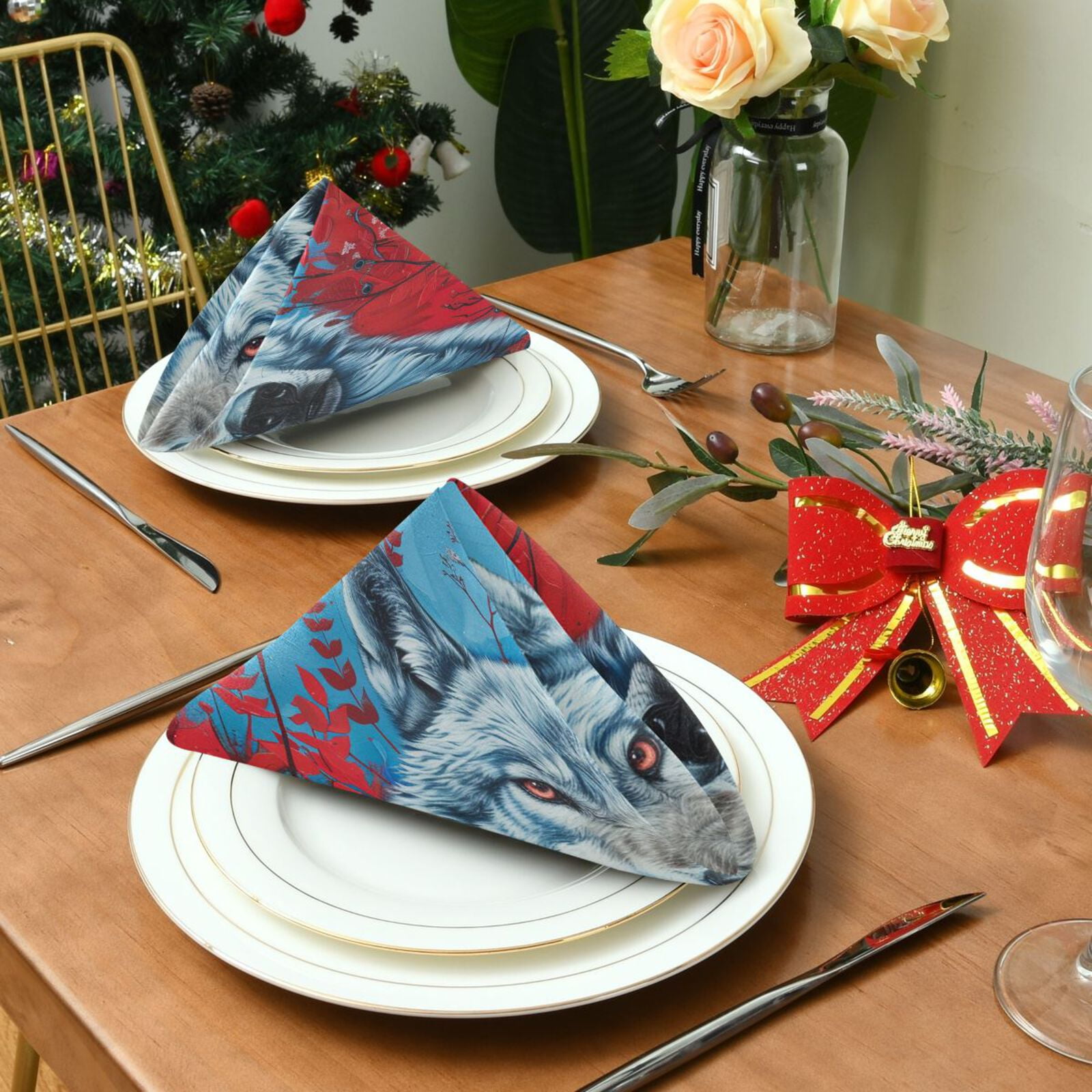 JSTEL Wolf Flower Red Leaf Cloth Napkins Set of 6, 20x20 Inch Washable and Reusable Napkin for Decoupage Dinner Party Everyday Use