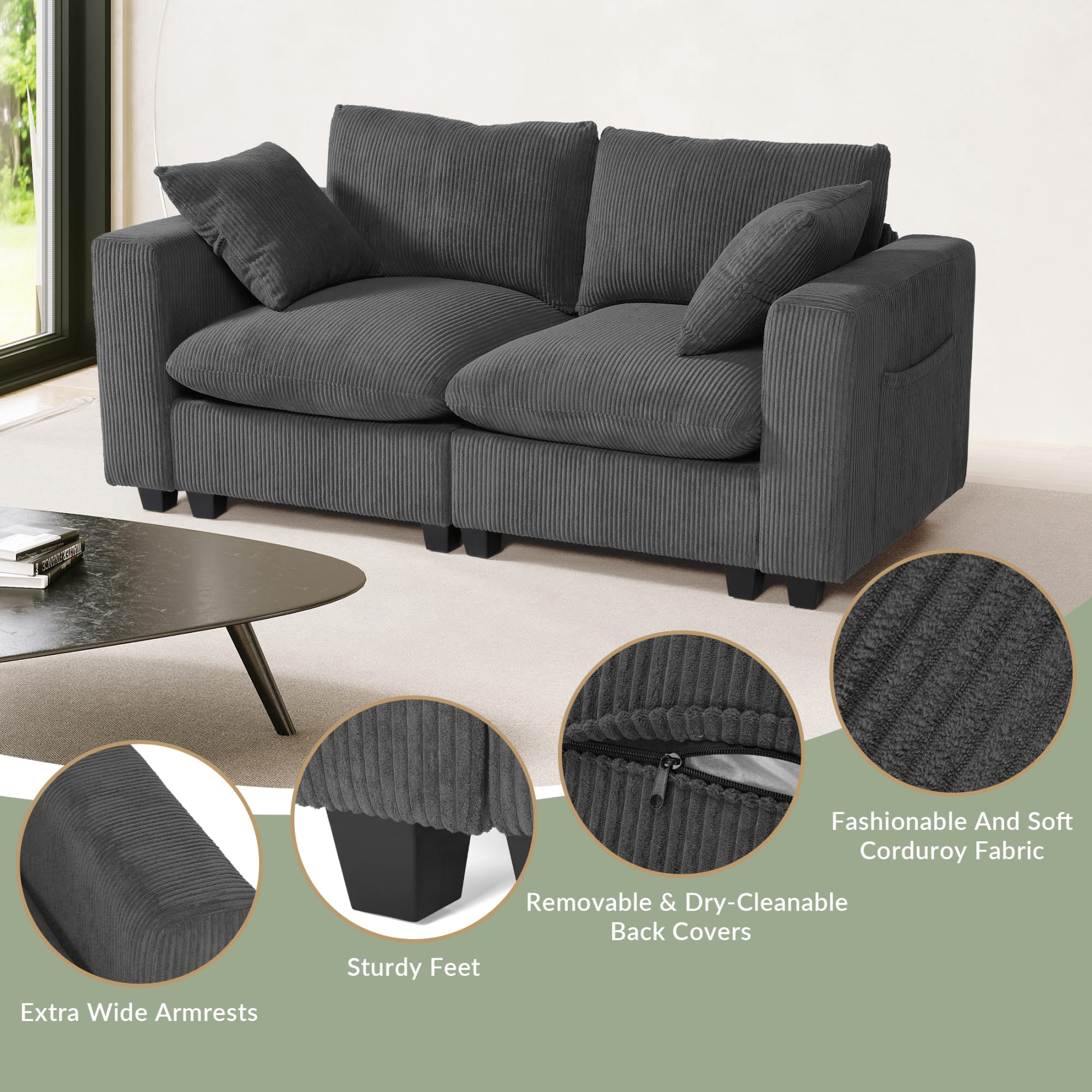 WestinTrends Hearthside 70" Modular Corduroy Loveseat Sofa With USB/Type-C Ports and Side Pockets, Charcoal Gray
