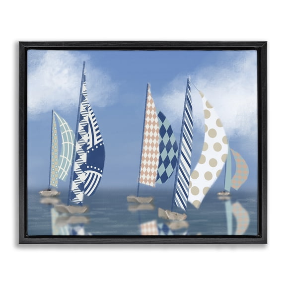 Stupell Industries Mid-Century Patchwork Coastal Sailboats Black Floating Frame Canvas Art, 21 x 17, by Matthew Piotrowicz