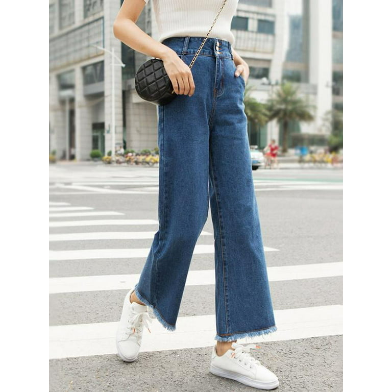 Jeans for Women, Urban Casual Cropped Trousers Straight-leg Pants High Waist - Walmart.com