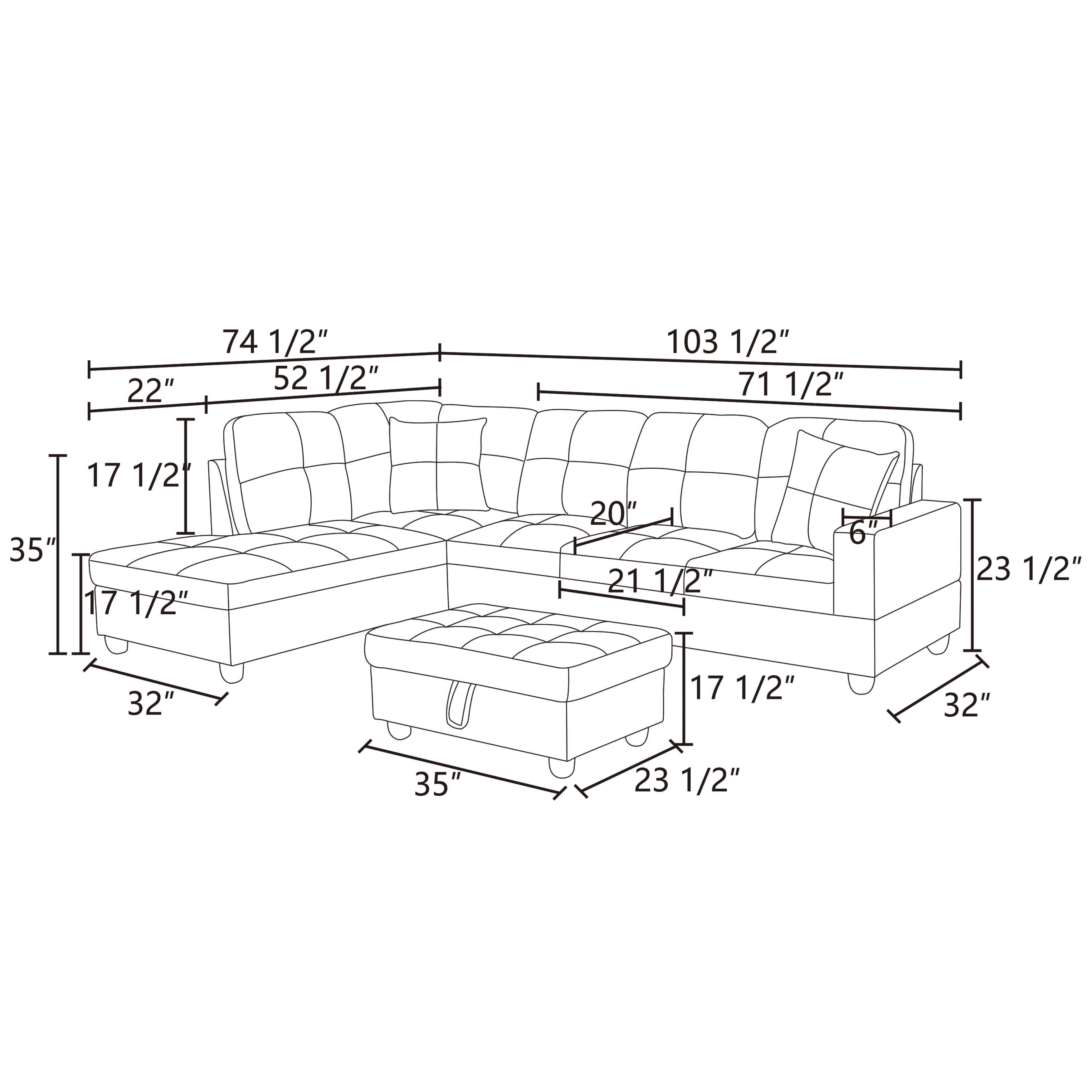 MAYEERTY 103.5" Black Gray Flannel & Faux Leather L-Shaped Sectional Sofa, 3 Piece Tufted Corner Couch with Storage Ottoman Solid Wood Frame