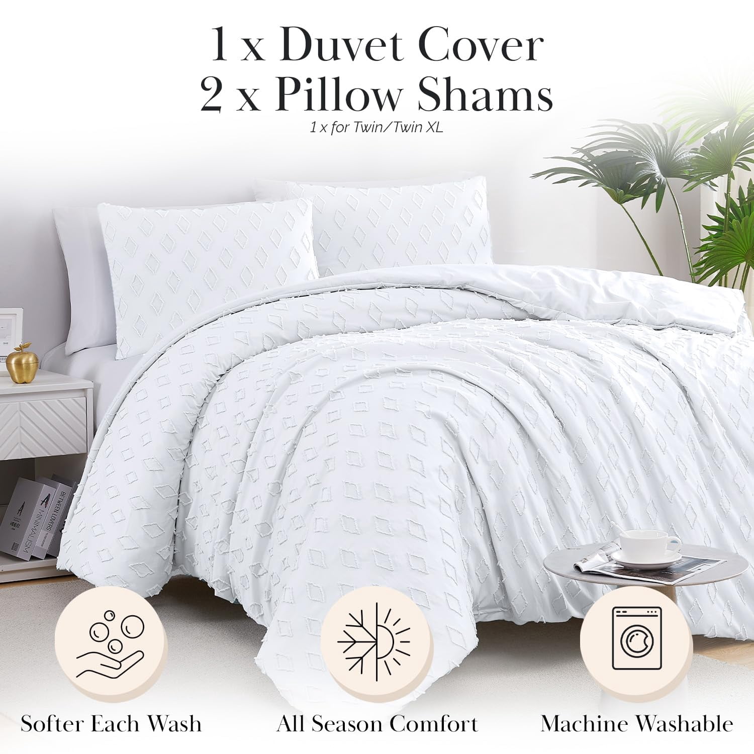 Southshore Fine Living, Inc. Jacquard Tufted King/Cal King Duvet Cover Set, Bed Set, Delta White