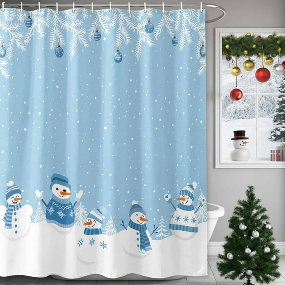 Christmas Shower Curtain Blue Snowman Shower Curtains for Bathroom Winter Holiday Xmas Decor, Waterproof Polyester Shower Curtain Set with Hooks, 66" x 72" Christmas Tree Snow