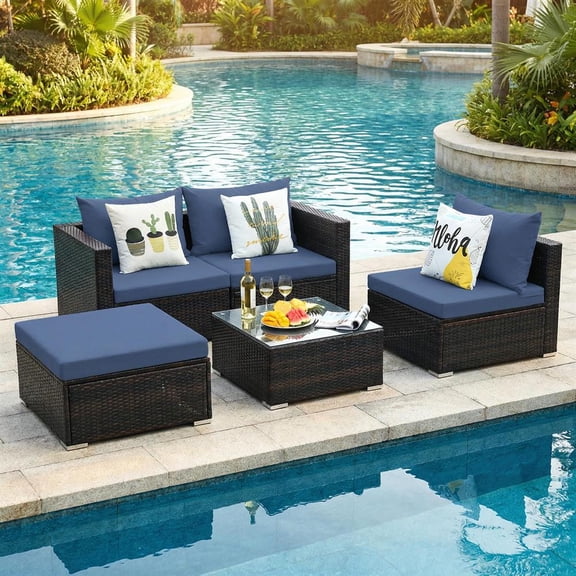 Topcobe 5 Pieces Patio Rattan Sectional Furniture Set with Cushions and Coffee Table, Outdoor Furniture, Navy