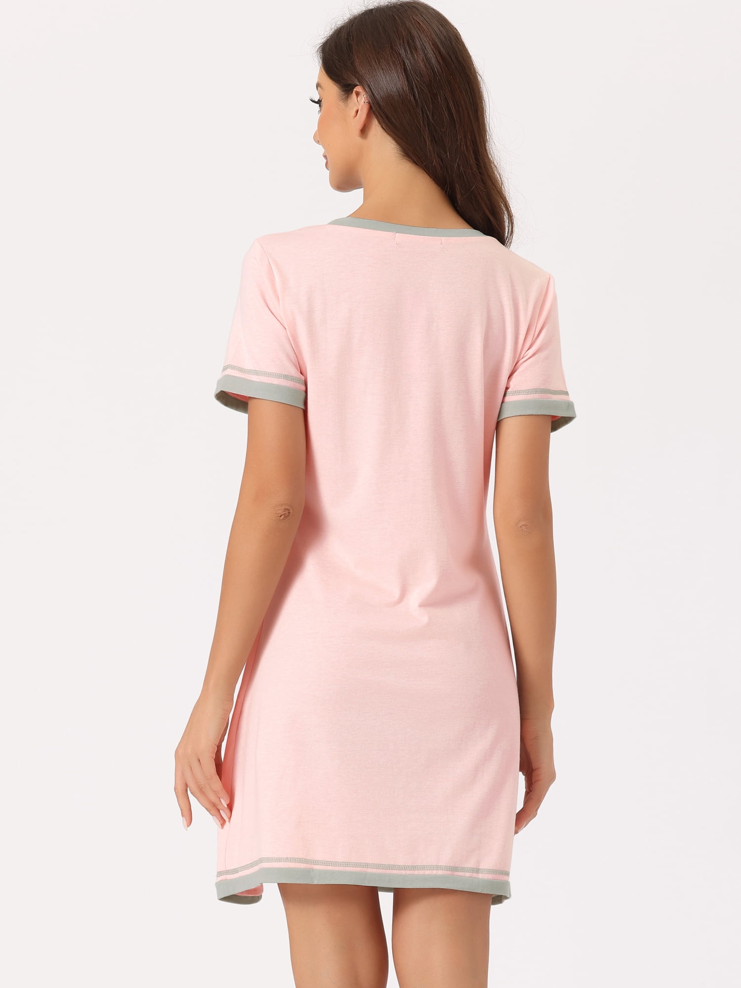 DARING DIVA Women's Short Sleeve V Neck Contrast Color Nightgown Sleepdress M Pink