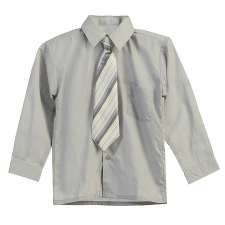 Big Boys Gray Stripe Tie Long Sleeve Button Special Occasion Dress Shirt