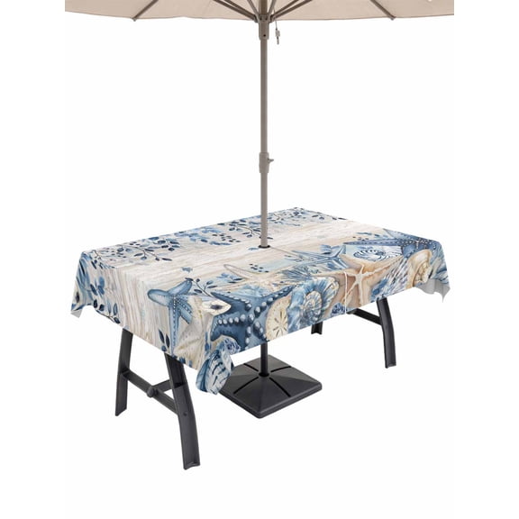 Outdoor Tablecloth with Umbrella Hole and Zipper, Blue Coastal Starfish Rectangle Table Cloth 60x120 Inch Waterproof Tablecloth, Beach Nautical Shell Eucalyptus Vintage Picnic Table Cover for Patio
