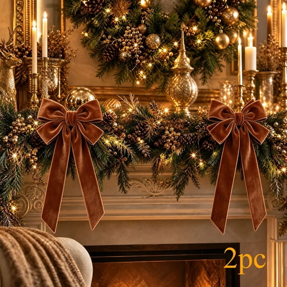AZXY Long Tail Velvet Bow Christmas Ornament 2PCS, Brown Fabric Bowknot Embellishment, Indoor Christmas Decorations, Soft Wreath Tree Hanging Decor for Mantel Gift Chair