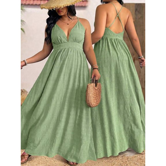 Mint Green Plus Size V-Neck Spaghetti Strap Criss Cross Back Textured Maxi Dress For Summer Beach Vacation