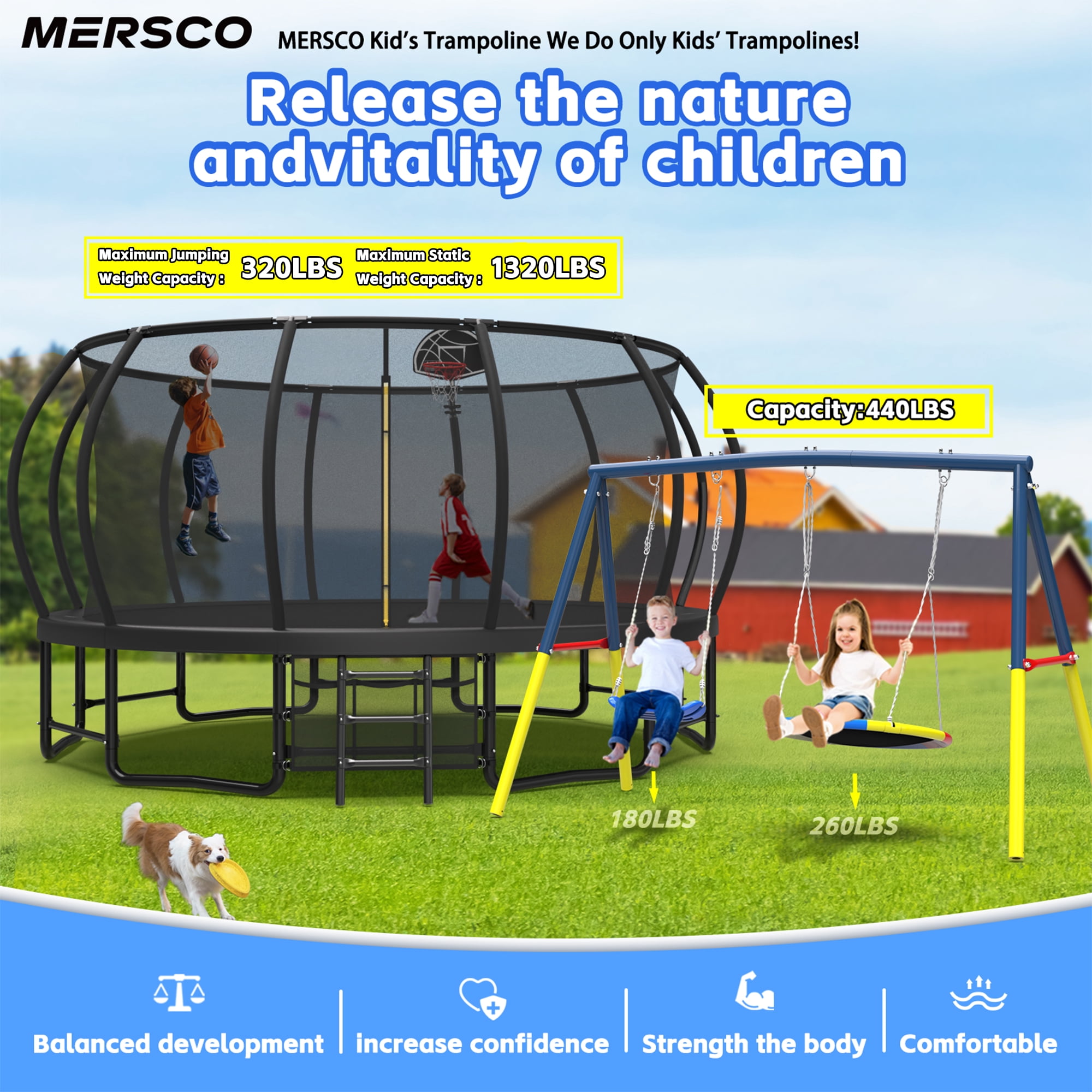 Mersco 16FT Heavy Duty  Outdoor Trampoline with Enclosure Net and Swing Set for Backyard,with Basketball Hoop, Kids Birthday and Festival Gifts,Black