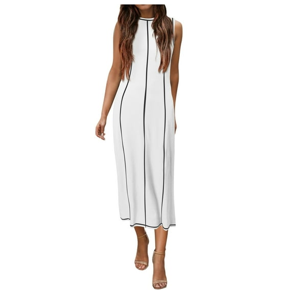 Riforla Womens Sleeveless T Shirt Dress Summer Contrast Ribbed Knit Tank Maxi Dresses Fit An Flare Dress White S