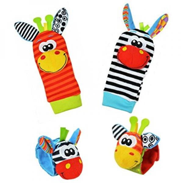 Baby Learning Fun - Animal Wrist and Sock Rattle Soft Developmental Toy Gift Set 4 Pcs - Zebra & Giraffe