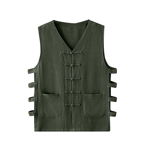 Odeerbi Cotton Linen Undershirt for Men Vintage Waistcoat 2025 Casual Solid Tank Top Buckle Sleeveless Vest Olive Drab