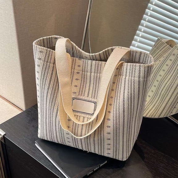 Women's Striped Canvas Tote Bag | Shoulder Handbag Large Capacity | Beige Gray Brown Fabric | Lightweight Durable Double Strap | Versatile Commuter Shopping Bookbag 11"x8.5"x2"