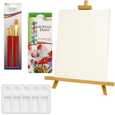 US Art Supply 21-Piece Acrylic Painting Set with Table Easel, Canvas, 12 Colors