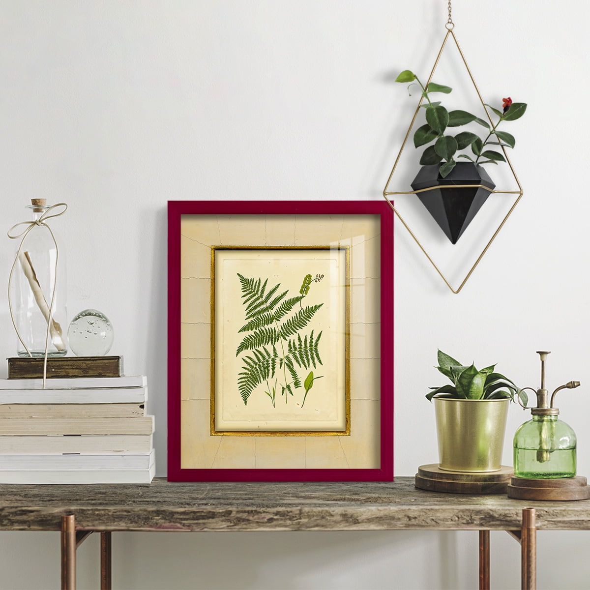 Fern with Crackle Mat (H) IV - Framed Print w/glass - Cherry Red